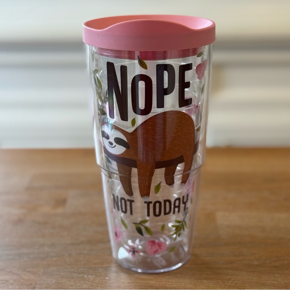Tervis 24oz “Nope Not Today” Sloth Tumbler | Pink Lid | Double-Wall | Never Used